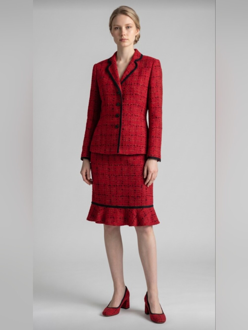 LE SUIT! TWEEDY RED, BLACK, WHITE PLAID RUFFLED SKIRT 2 PC SUIT SET! SZ 14P